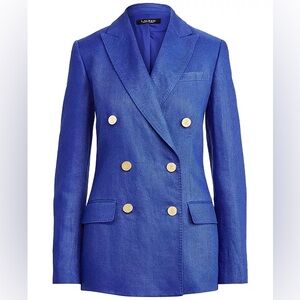 LAUREN RALPH LAUREN Blue Double-Breasted Women's linen Blazer gold buttons 0